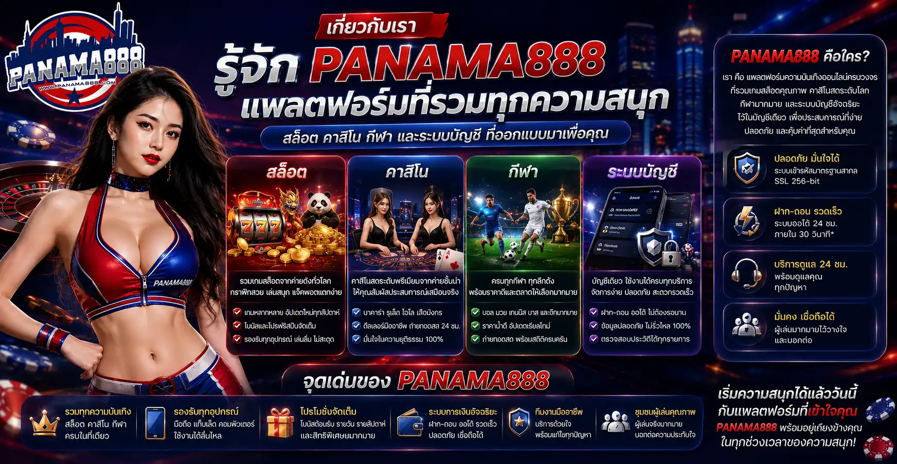 เกี่ยวกับเรา panama888 รู้จักสล็อต คาสิโน กีฬา และระบบบัญชีก่อนเริ่มใช้งาน